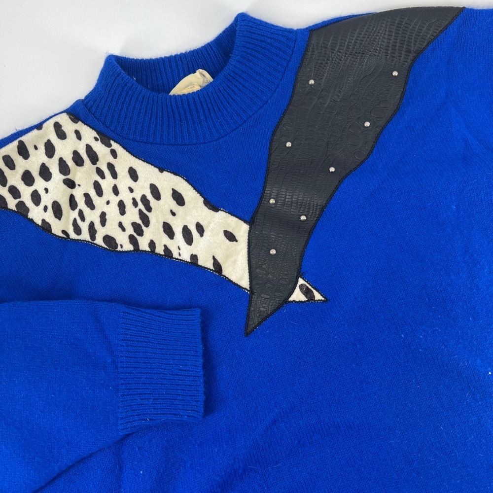 Vintage Marilu Exclusive Blue Sweater‎ Animal Print Studded Faux Croc 80s USA
